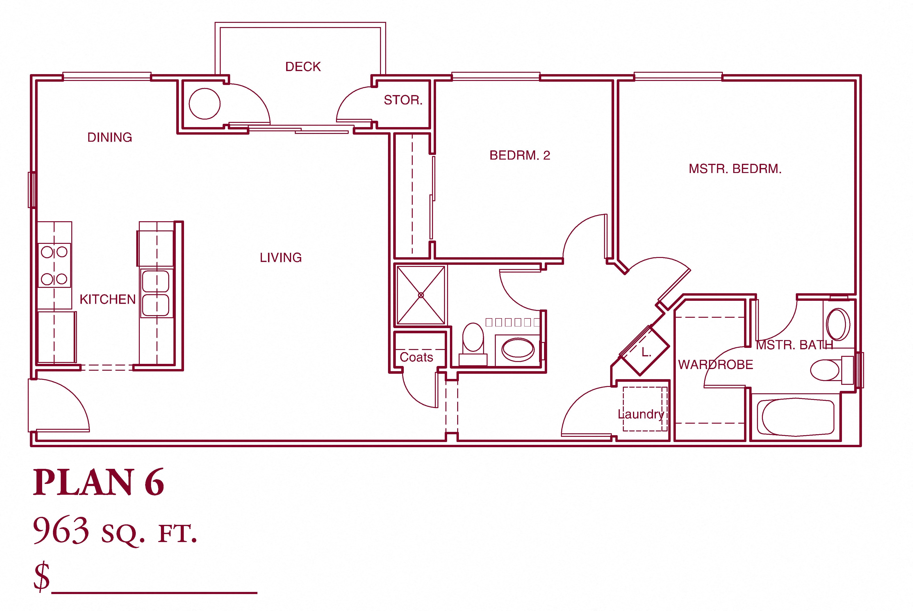 Floor plan for 2 beds, 2 baths, 963 sqft
